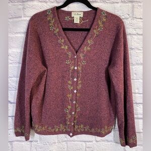 L.L.Bean Embroidered Lambs Wool Silk Blend Button Cardigan Sweater Women’s M
